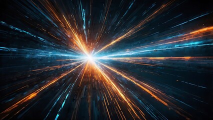 Obraz premium Flashing light burst of blue and orange magnificent light exploded on dark screen, conceptual abstract background of light rays