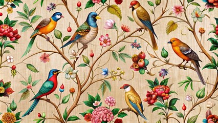 Colorful birds in various poses and sizes amidst intricate vines and flowers on a warm beige textile backdrop, with subtle sheen.