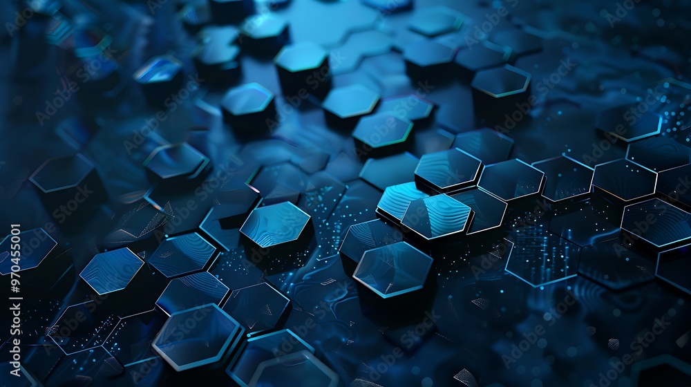 Poster digital hexagon abstract background with intricate details and depth, plain background, copy space, 