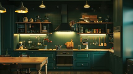 Scandinavian style luxury kitchen interior in dark green AI generated image