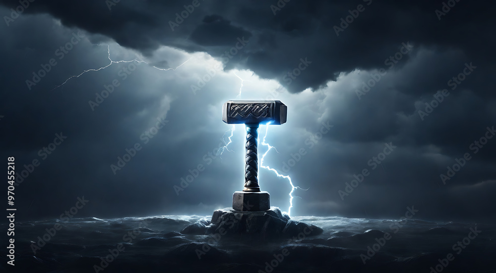 Wall mural A minimal illustration of Thor's hammer, Mjölnir, floating above a storm cloud with lightning striking from its head. The design symbolizes power and protection from Norse mythology, with a plain back