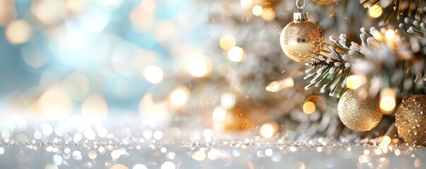 Fototapeta premium A festive Christmas scene featuring shimmering ornaments, glittering lights, and a beautifully decorated tree for the holiday season.