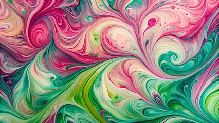 Vibrant strokes of pink and green swirl together on a blank canvas, forming a mesmerizing dance of color that seems to pulse with life.