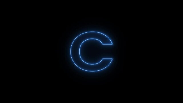 Neon Glowing english alphabet C text logotype background. Animated on black background. Glowing C text blinking animation.