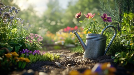 Gardener Planting Colorful Flowers in Backyard Garden with Watering Can