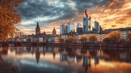 Obraz premium Frankfurt Skyline Reflected in the River Main at Sunset