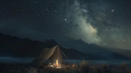 Camping under the Milky Way with Starry Mountains and Warm Campfire Glow