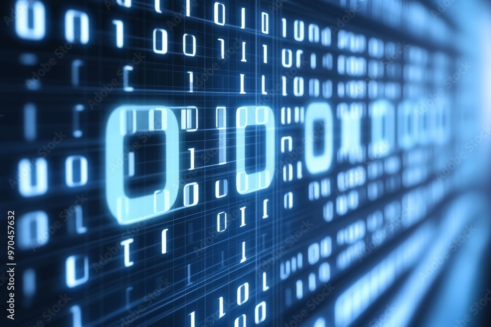 Poster close-up of glowing blue binary code on a dark blue background.