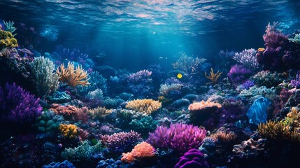 Vibrant coral reef teeming with life in the clear blue ocean.