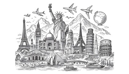 Line drawing of famous world landmarks on a white background, depicted in a hand-drawn sketch style, representing travel concepts
