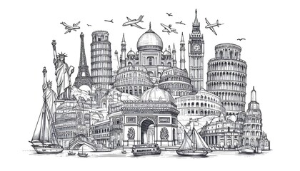 Obraz premium Line drawing of famous world landmarks on a white background, depicted in a hand-drawn sketch style, representing travel concepts