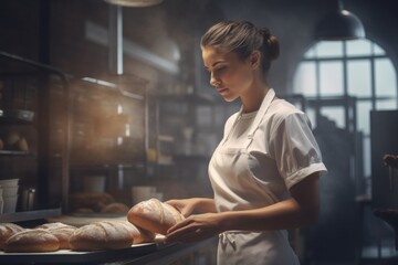 A focused baker carefully arranges freshly baked loaves in a warmly lit artisan bakery, highlighting her dedication and craftsmanship.