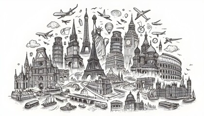 Obraz premium Line drawing of famous world landmarks on a white background, depicted in a hand-drawn sketch style, representing travel concepts