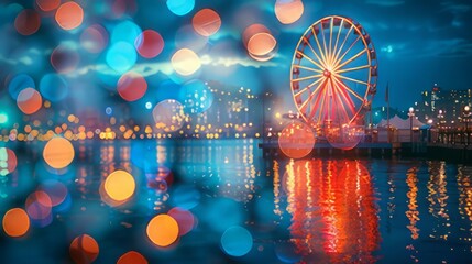 abstract blur bokeh night harbor lights background with ferris wheel