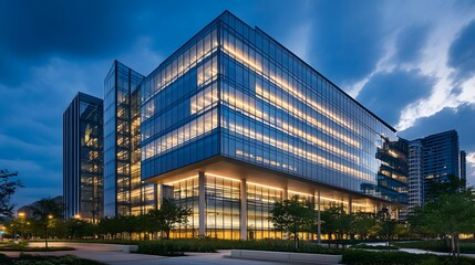 Modern Glass Office Building at Dusk with Illuminated Windows