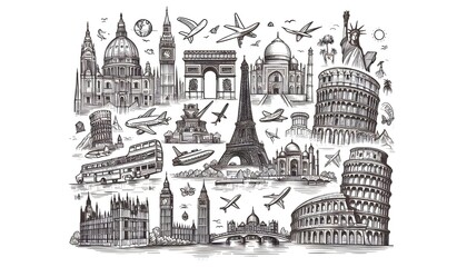 Obraz premium Line drawing of famous world landmarks on a white background, depicted in a hand-drawn sketch style, representing travel concepts