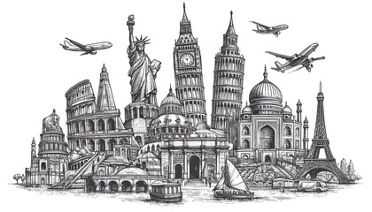 Line drawing of famous world landmarks on a white background, depicted in a hand-drawn sketch style, representing travel concepts