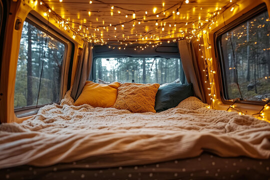 Cozy interior of a camper van with a bed and string lights