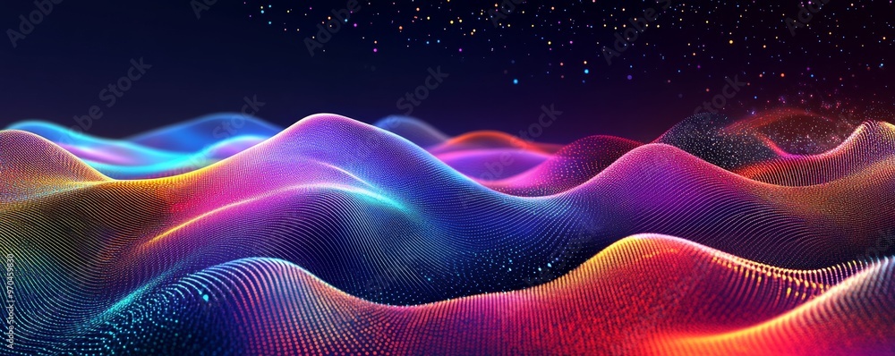 Poster abstract digital landscape with glowing lines and particles.