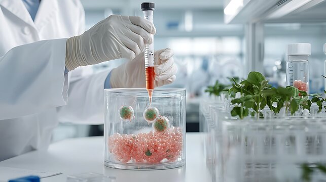 Scientist inserting genetically modified organisms into bioreactors in a sterile lab environment