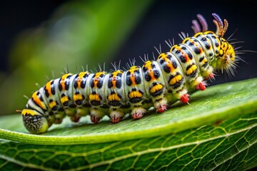 Naklejka premium Tiny hairs on its back glisten in the sunlight as the caterpillar's many eyes watch its path, tiny legs flexing with each deliberate step.