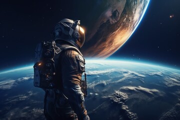 Fototapeta premium An astronaut in a spacesuit stands on a celestial body, gazing at an awe-inspiring planet above, with a serene and reflective aura.