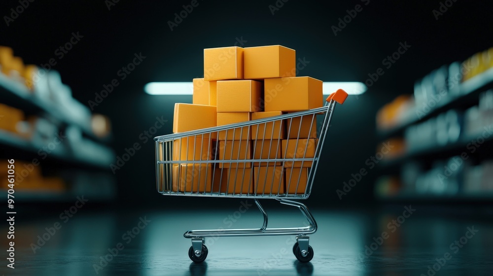 Poster cart stacked with family-sized packages and bulk items in a large supermarket