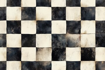Fototapeta premium A vintage textured checkerboard pattern featuring black and beige squares, perfect for backgrounds or artistic designs.