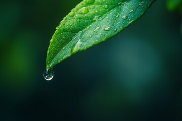 Macro shot of a raindrop hanging from a leaf tip