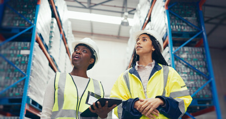 Inspection, tablet and supply chain with people in warehouse for inventory, logistics or shipping....