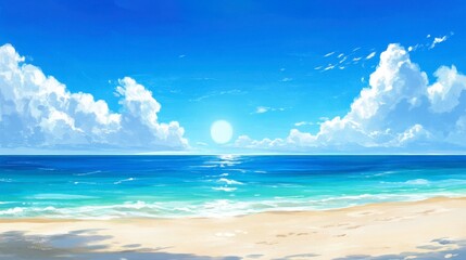 A hot summer day at the beach, with the sun high in the sky, bright blue water, and a few white clouds dotting the horizon.