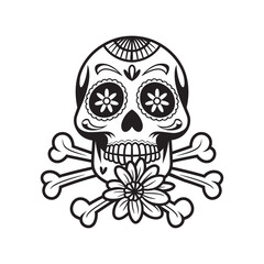 Black and White Day of the Dead Sugar Skull Vector with Floral Design, Vector Skull with Flowers and Crossbones Illustration