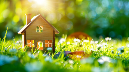 A wooden house model set amidst grass and dandelions during golden hour