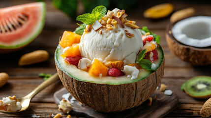 fresh coconut milk ice cream served in a fruit. that has been cut off. It is placed on a wooden table, beautifully colorful and has various toppings such as fruits, roasted peanuts. 