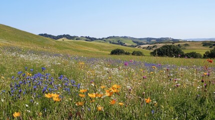 Fototapeta premium A landscape of a meadow with wildflowers in bloom, set against a backdrop of rolling hills and a clear sky.