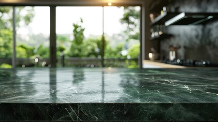 Close-up of Dark green marble table with blurred bokeh kitchen background AI generated image