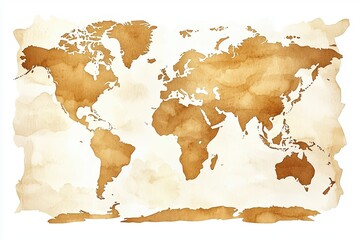 Vintage map illustration with watercolor effects, highlighting continents in soft brown tones, perfect for travel or educational themes.