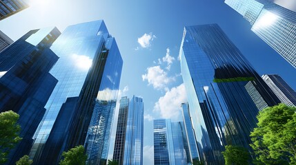 Modern Glass Skyscrapers Against a Blue Sky with White Clouds