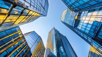 Low Angle View of Modern Glass Skyscrapers Against a Clear Blue Sky