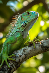 Fototapeta premium Green iguana basking on a tree branch in the sunlight