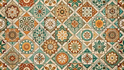 Geometric retro background with ceramic tile patterns in muted colors