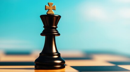 A close-up of a black chess king piece standing proudly on a chessboard, symbolizing strategy and competition.