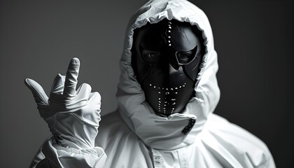 Enigmatic Silhouette in Black Mask and White Morph Suit Gestures in Monochrome High Contrast Abstract Composition