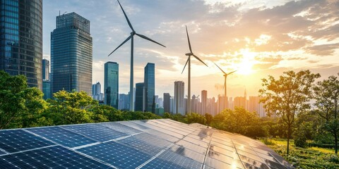 green energy solutions powering an eco-friendly city with wind turbines and solar panels
