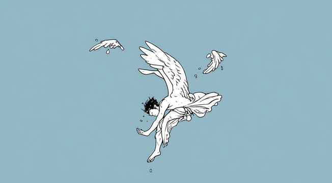 A simple design of Icarus falling from the sky with melted wings, representing ambition and failure from Greek mythology. The design is set against a plain background with copy space.