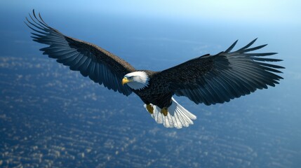 Naklejka premium A majestic bald eagle soaring in the sky, wings fully extended, with a clear blue sky in the background.