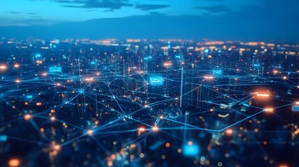 Fototapeta premium Interconnected Cityscape with Network Lines and Data Icons at Night