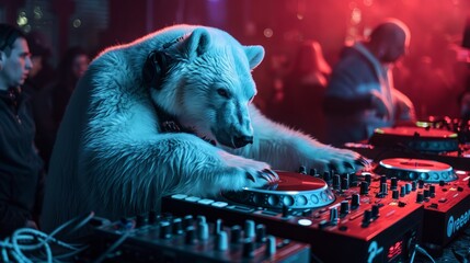 A polar bear DJ plays music in a nightclub.