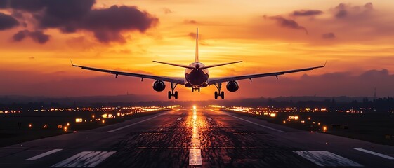 A majestic airplane taking off against a vibrant sunset, highlighting the beauty of flight and travel.