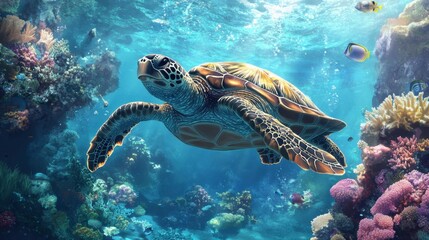 Obraz premium A majestic sea turtle gliding through clear blue waters, surrounded by coral formations and small fish in a serene setting.